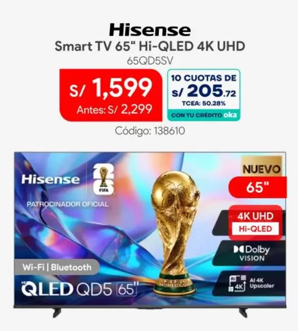 Hisense - Smart TV 65" Hi-QLED 4K UHD 65QOD5SV