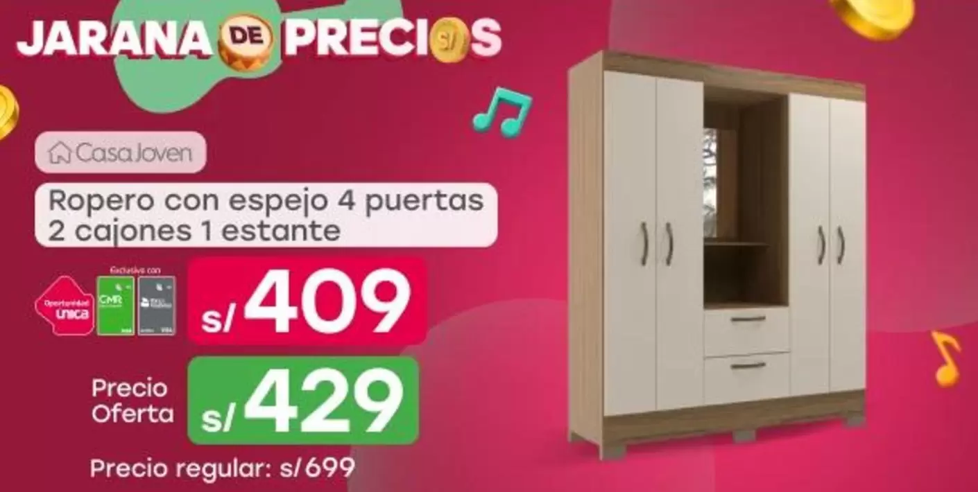 Casa Joven - Ropero con espejo 4 puertas 2 cajones 1 estante