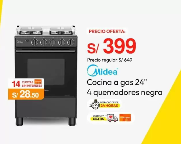 Cocina a gas 24" 4 quemadores negra