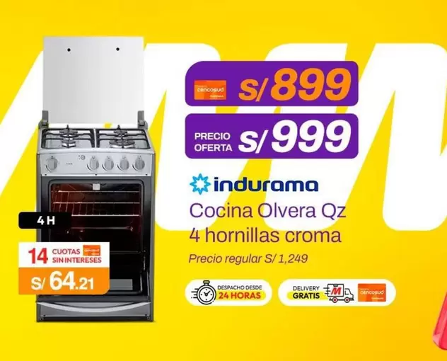 Indurama - Cocina Olvera Qz 4 hornillas croma
