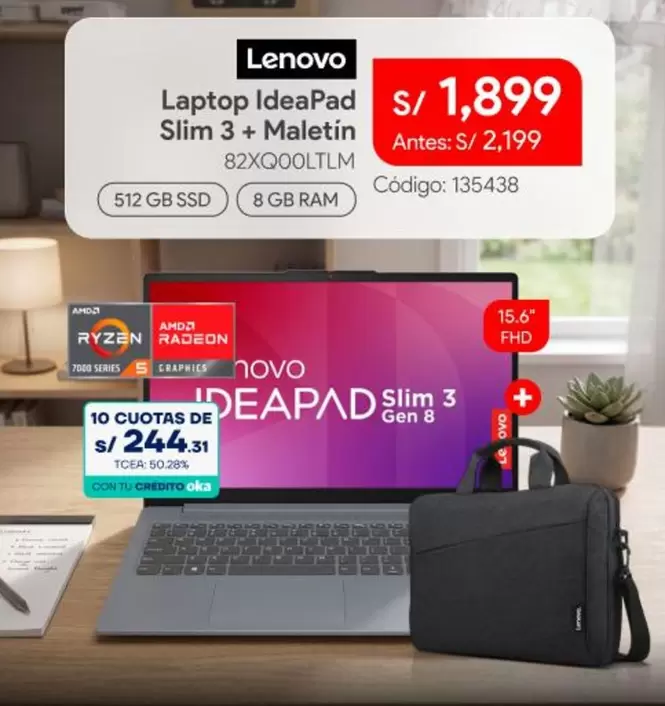 Lenovo - Laptop IdeaPad Slim 3 + Maletin 82XQ00TLTM