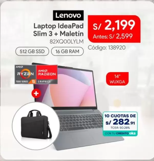 Lenovo - Laptop IdeaPad Slim 3 + Maletin 82XQ00LYLM