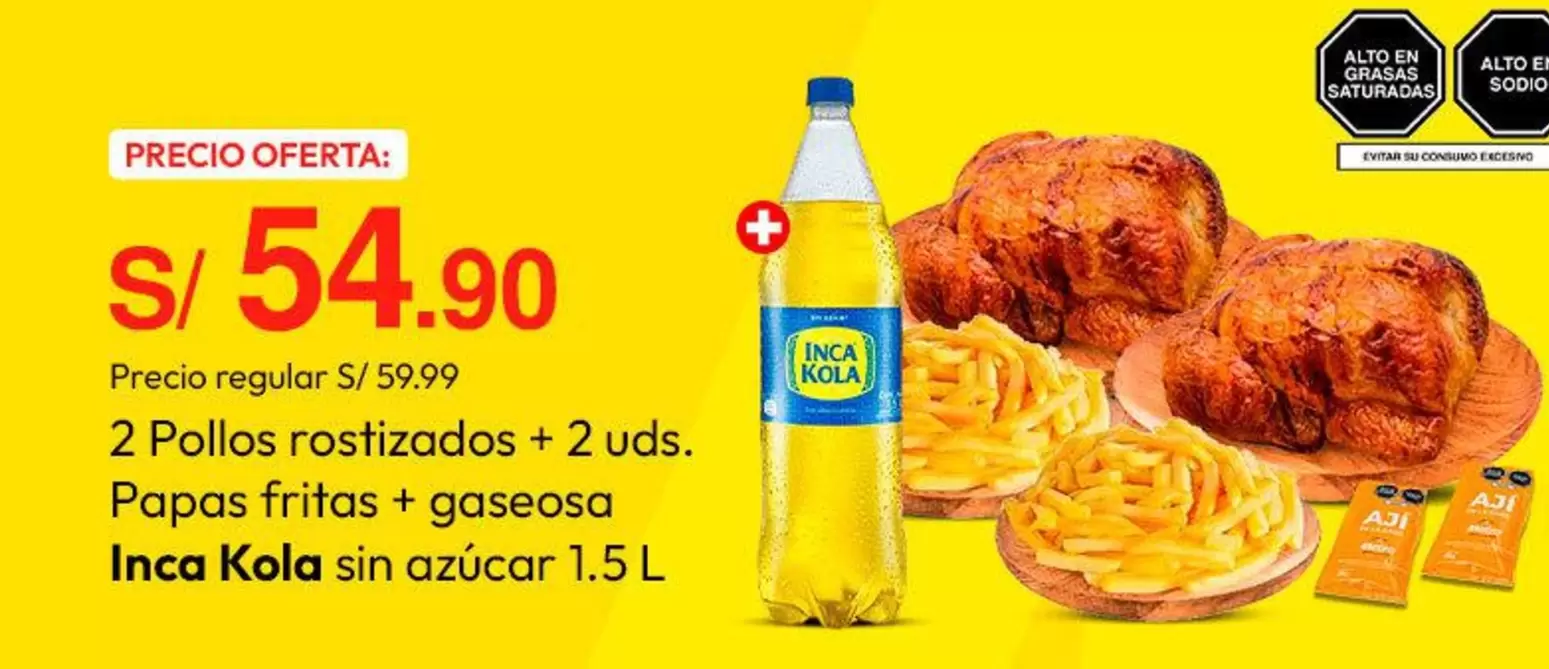 Inca Kola - 2 Pollos rostizados + 2 uds. Papas fritas + gaseosa sin azúcar
