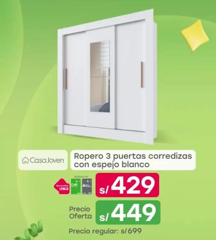 Casa Joven - Ropero 3 puertas corredizas con espejo blanco