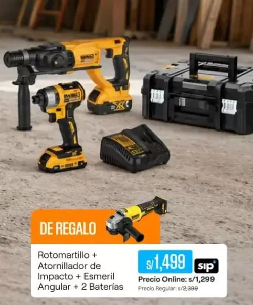 DeWalt - Rotomartillo + Atornillador de Impacto + Esmeril Angular + 2 Baterías