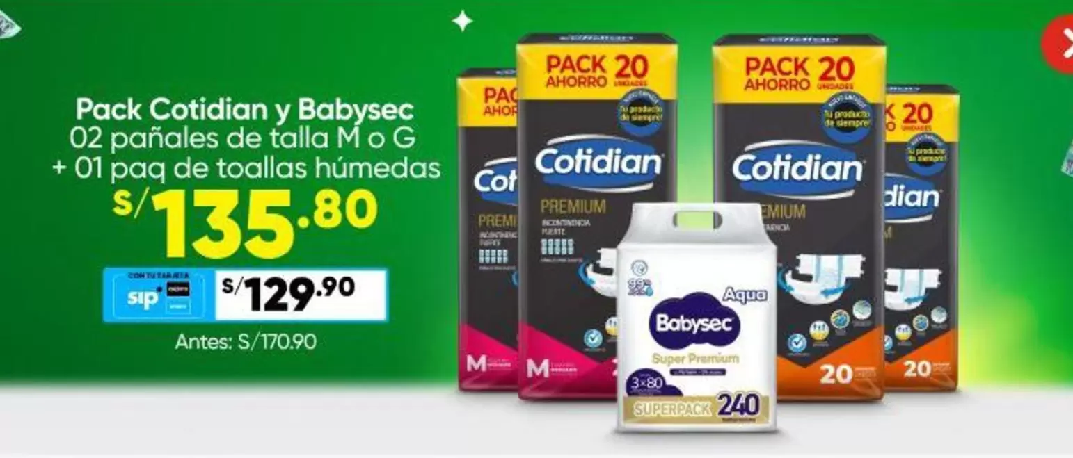 Cotidian - Pack y Babysec 02 pañales de talla M o G + 01 paq de toallas húmedas