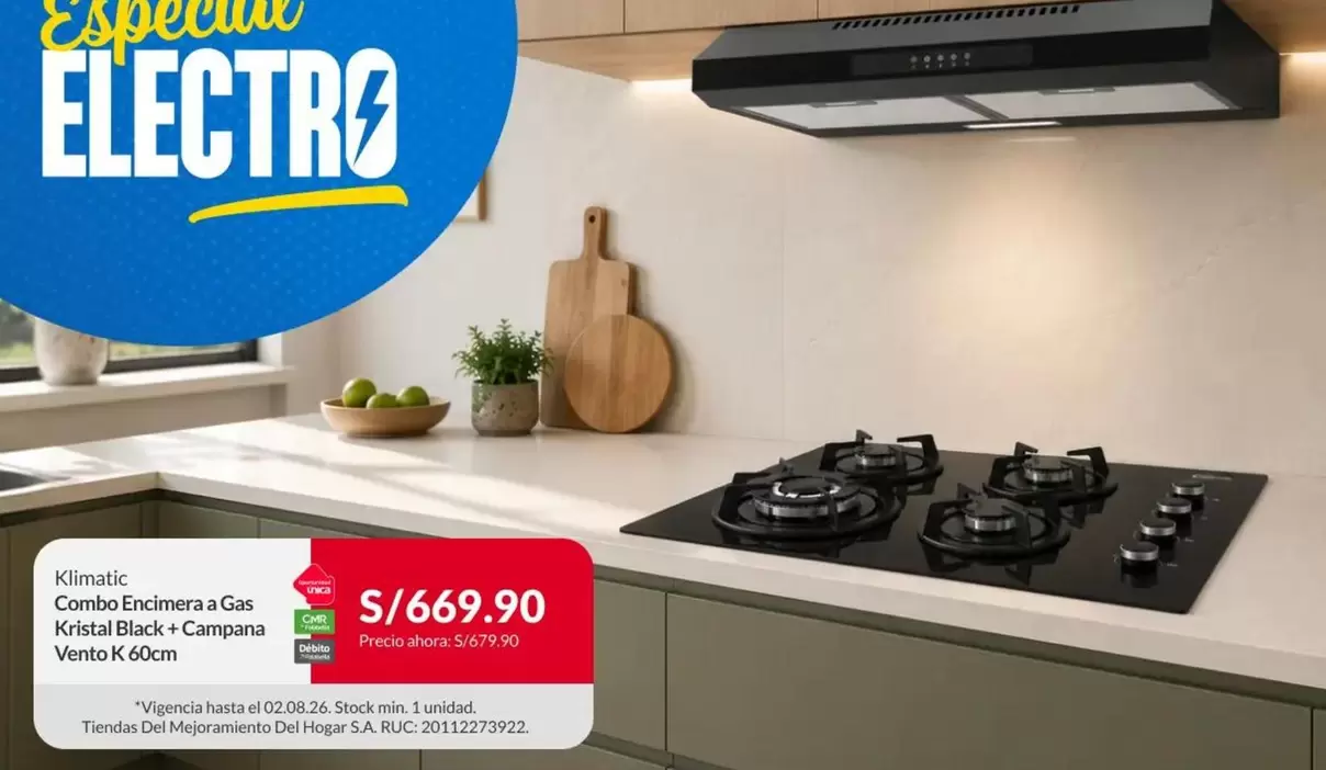 Indurama - Cocina Encimera a Gas Cristal Black + Campana Vento