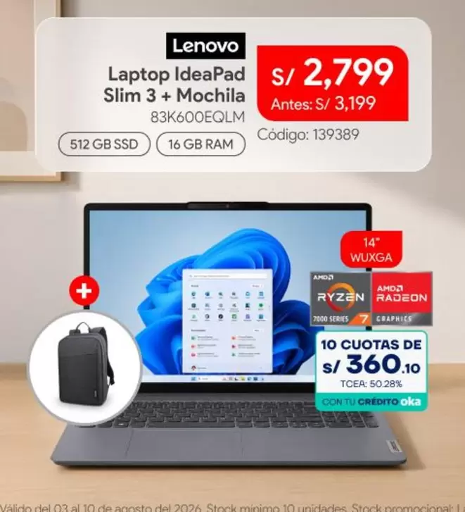Lenovo - Laptop IdeaPad Slim 3 + Mochila 83K600EQLM