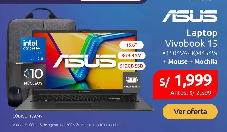 Asus - Laptop Vivobook 15 X1504VA-BQ4454W + Mouse + Mochila