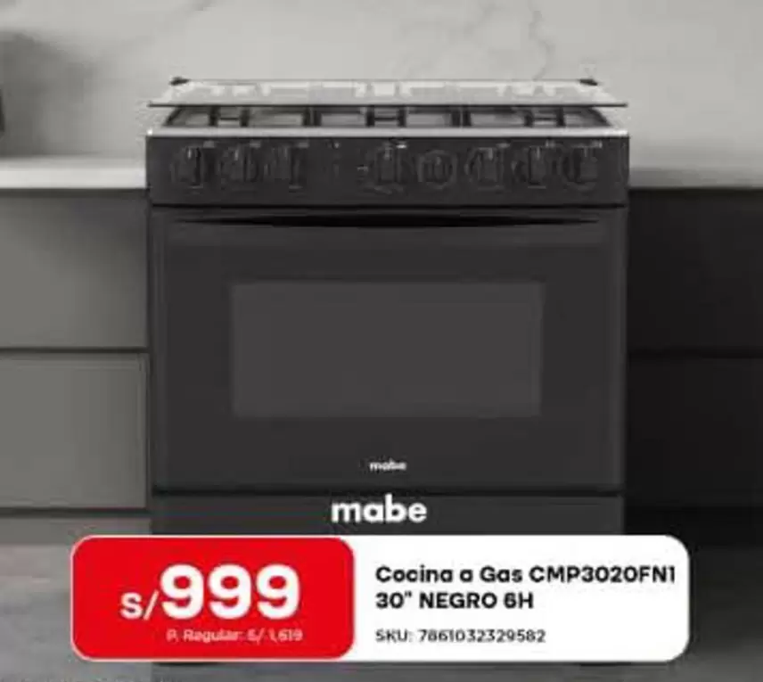Mabe - Cocina a Gas CMP3020FN1 30" NEGRO 6H