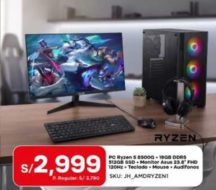 Ryzen - PC 5 5600G + 16GB DDR5 + 512GB SSD + Monitor Asus 23.8" FHD 120Hz + Teclado + Mouse + Audífonos