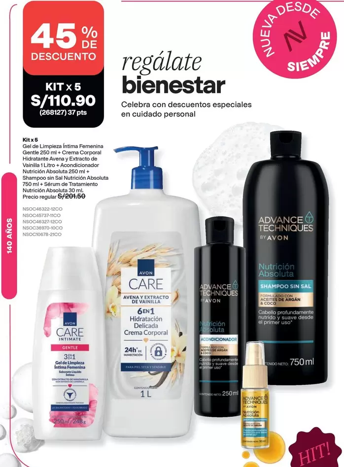Avon - KIT x 5 Limpieza Íntima + Crema Corporal + Exfoliante + Jabón Líquido + Shampoo