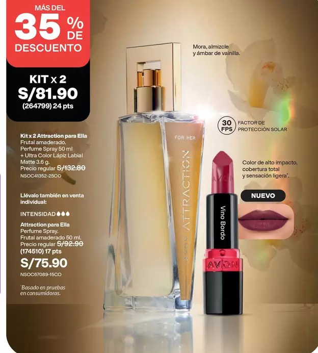 Avon - KIT x 2 Attraction para Ella Perfume Spray 50 ml + Ultra Color Lápiz Labial Mate 3.6 g