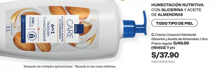 Avon Care - Crema Corporal Hidratante Glicerina y Aceite de Almendras 1 ltrs
