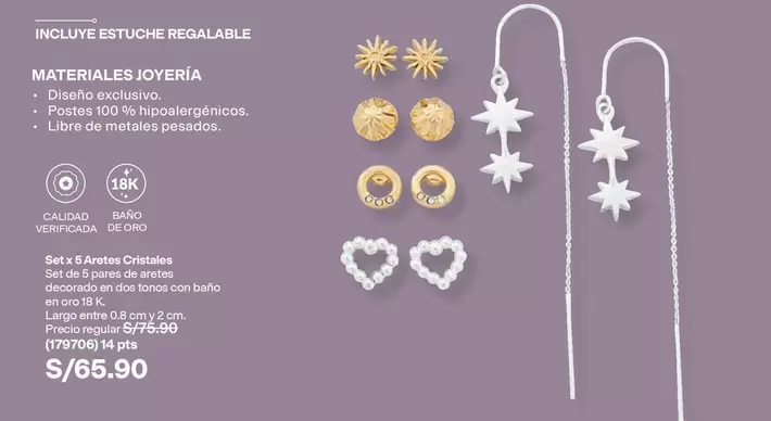 Oro - Set x 5 Aretes Cristales