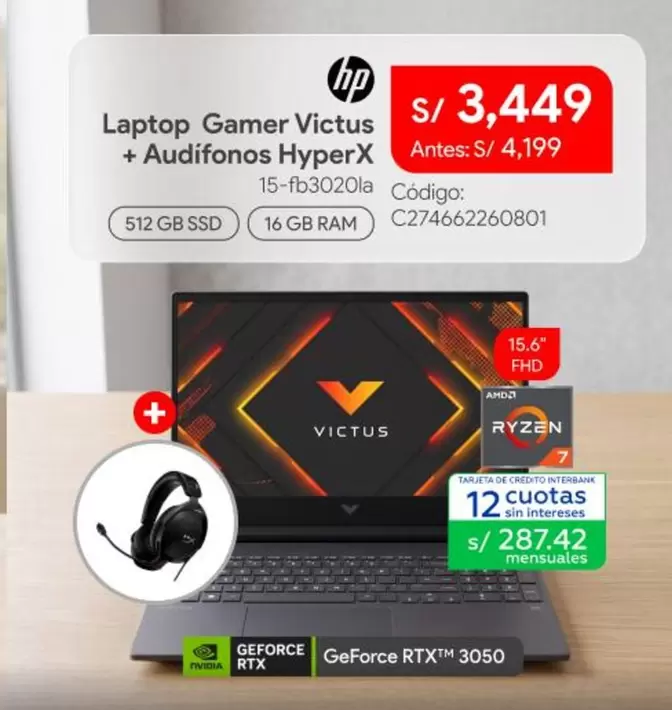 Hp - Laptop Gamer Victus + Audífonos HyperX