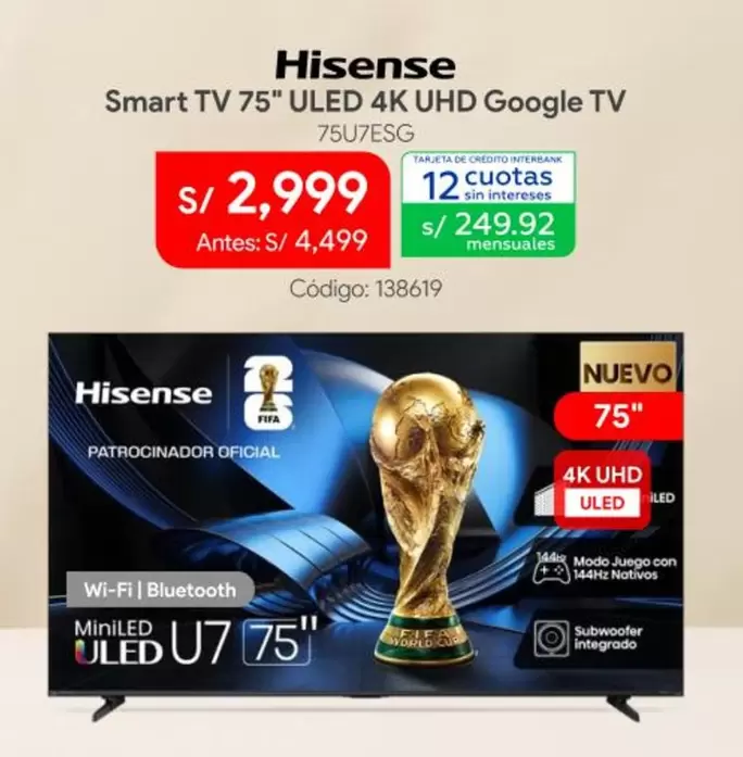 Hisense - Smart TV 75" ULED 4K UHD Google TV 75U7ESG