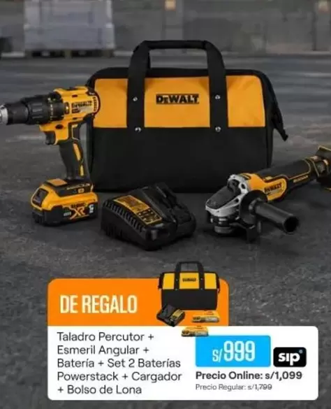 DeWalt - Taladro Percutor + Esmeril Angular + Batería + Set 2 Baterías Powerstack + Cargador + Bolso de Lona