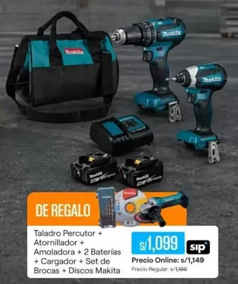 Makita - Taladro Percutor + Atornillador + Amoladora + 2 Baterías + Cargador + Set de Brocas + Discos