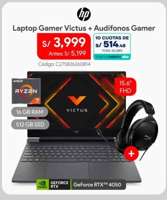 Hp - Laptop Gamer Victus + Audífonos Gamer