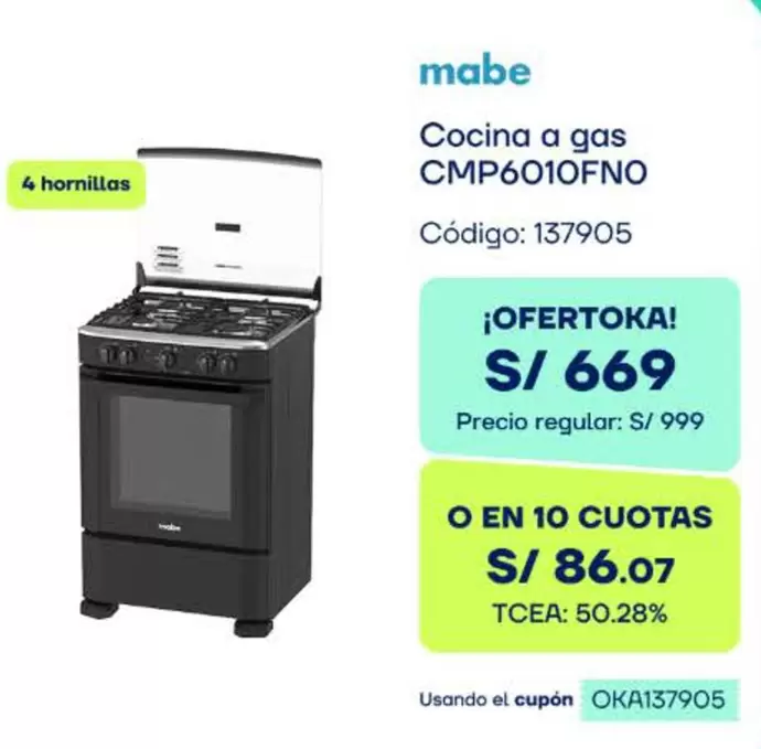 Mabe - Cocina a gas CMP6010FNO
