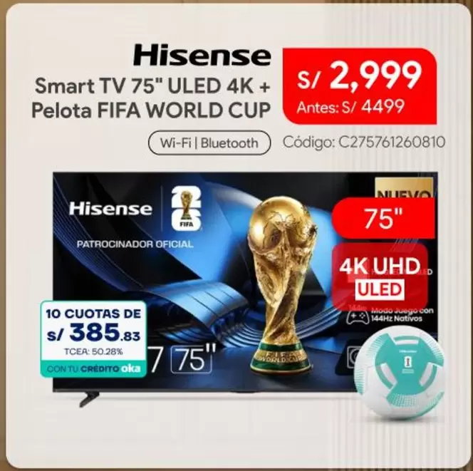 Hisense - Smart TV 75" ULED 4K+ Pelota FIFA WORLD CUP