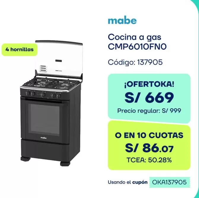 Mabe - Cocina a gas CMP6010FNO