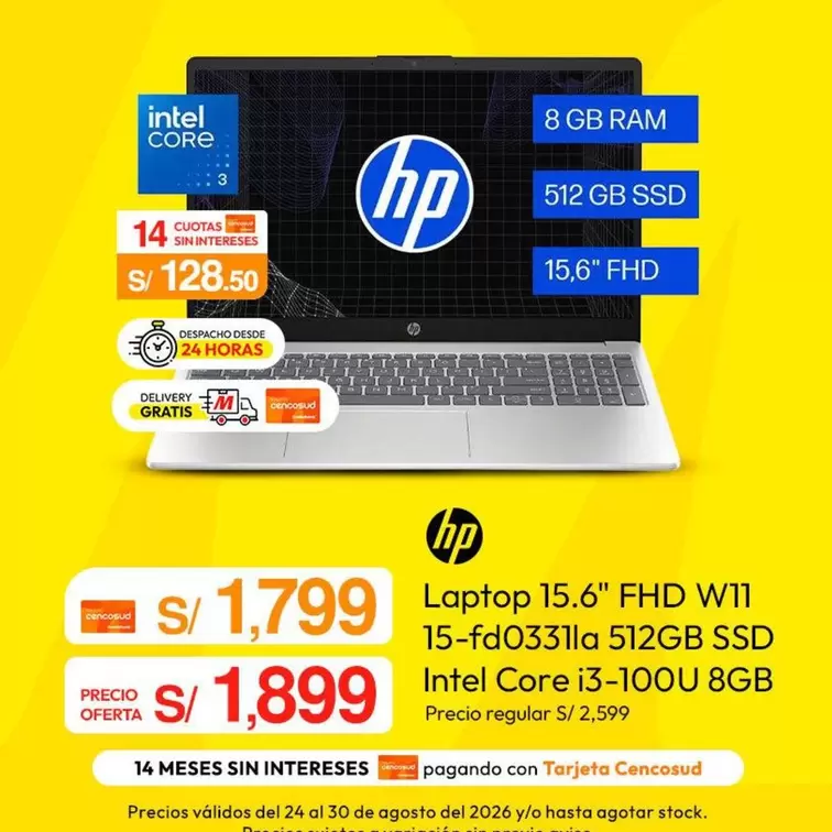 Hp - Laptop 15.6" FHD W11 15-fd0331la 512GB SSD Intel Core i3-100U 8GB RAM