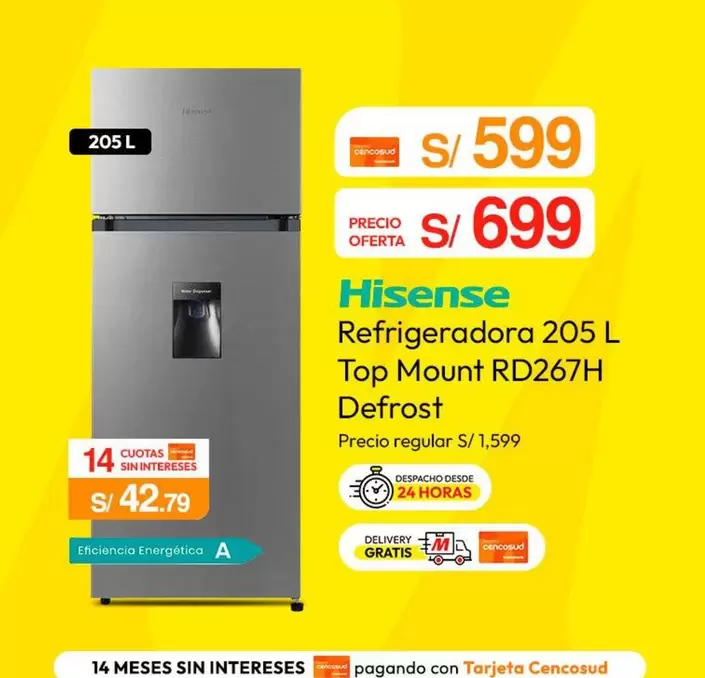 Hisense - Refrigeradora 205 L Top Mount RD267H Defrost