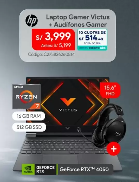 Hp - Laptop Gamer Victus + Audífonos Gamer