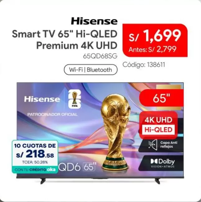 Hisense - Smart TV 65" Hi-QLED Premium 4K UHD 65QD68SG