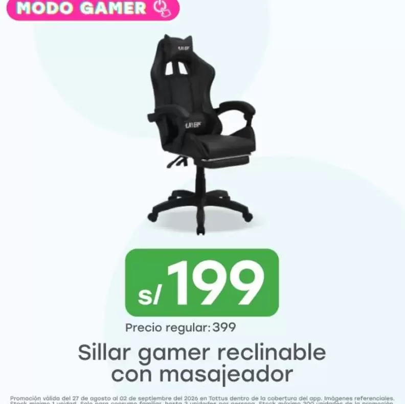 Tottus - Sillar gamer reclinable con masajeador