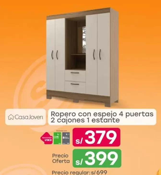 Casa Joven - Ropero con espejo 4 puertas 2 cajones 1 estante