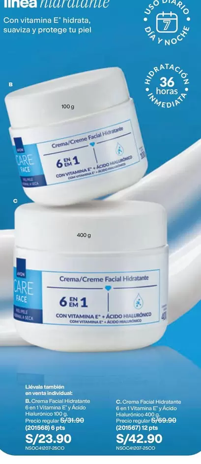 Natura - Crema/Crema Facial Hidratante 6 en 1 con Vitamina E y Ácido Hialurónico