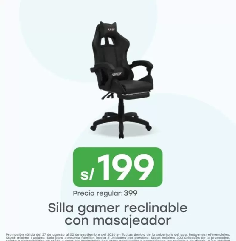 Tottus - Silla gamer reclinable con masajeador