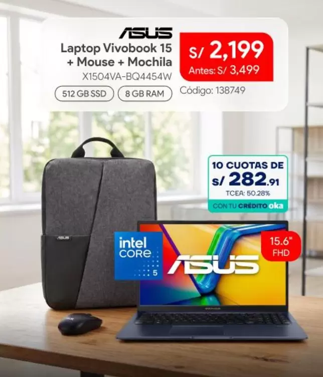 Asus - Laptop Vivobook 15 + Mouse + Mochila X1504VA-BQ4454W