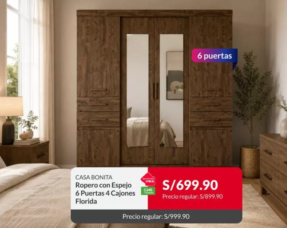 Florida - Ropero con Espejo 6 Puertas 4 Cajones