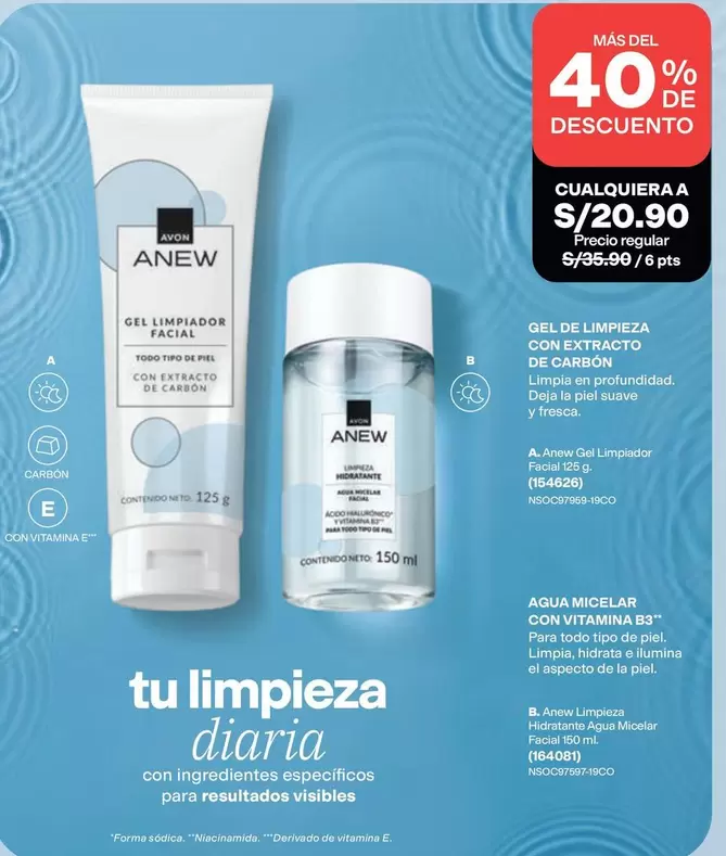 Anew - Gel Limpiador Facial con Extracto de Carbón y Agua Micelar con Vitamina B3