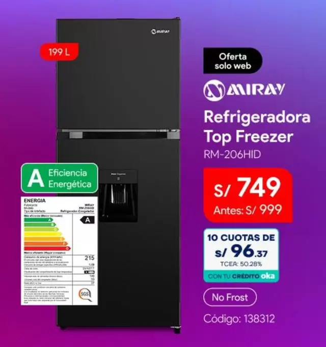 Miray - Refrigeradora Top Freezer RM-206HID