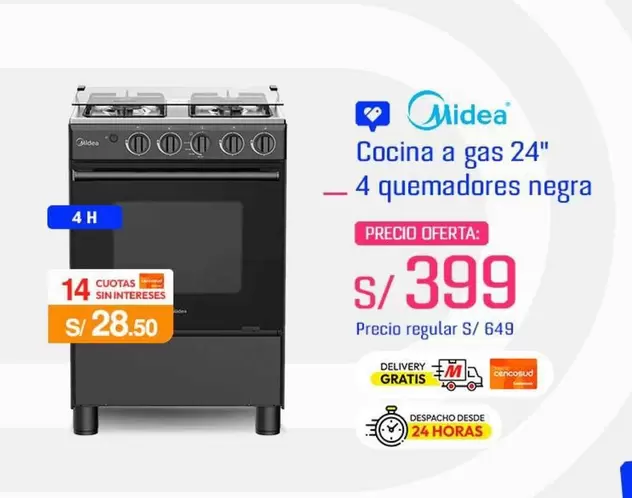 Cocina a gas 24" - 4 quemadores negra