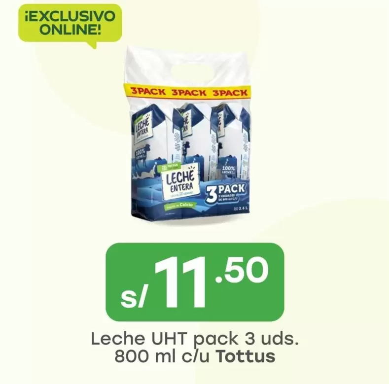 Tottus - Leche UHT pack 3 uds.