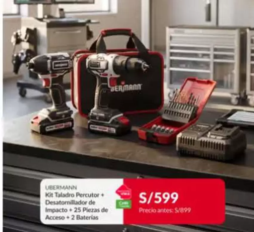 Ubermann - Kit Taladro Percutor + Desatornillador de Impacto + 25 Piezas de Acceso + 2 Baterías