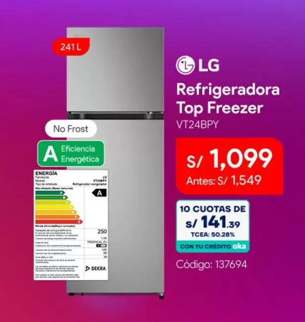 Lg - Refrigeradora Top Freezer VT24BPY