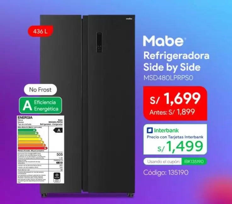 Mabe - Refrigeradora Side by Side MSD480LPRPSO