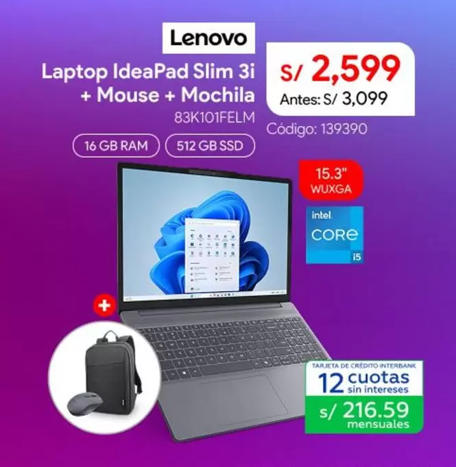 Lenovo - Laptop IdeaPad Slim 3i + Mouse + Mochila 83K101FELM