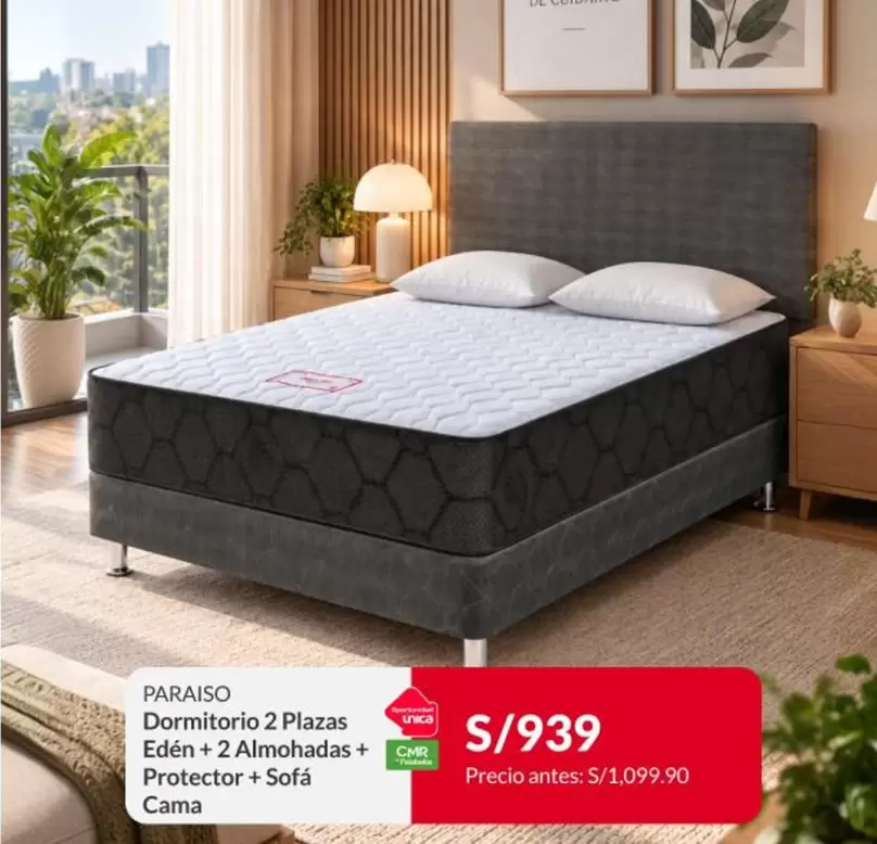 Paraiso - Dormitorio 2 Plazas Edén + 2 Almohadas + Protector + Sofá Cama