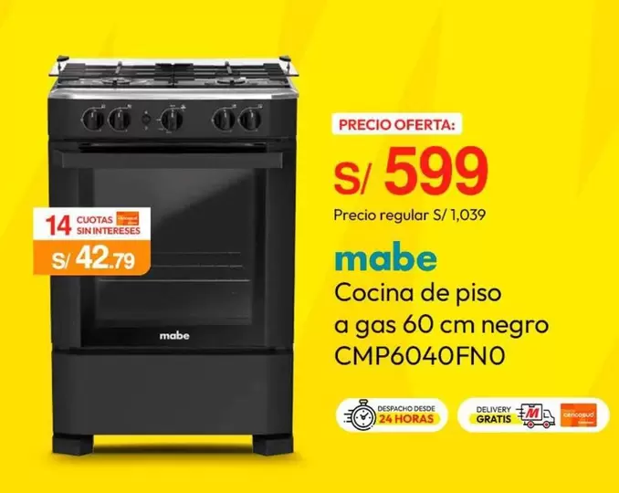 Mabe - Cocina de piso a gas 60 cm negro CMP6040FNO