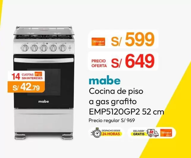 Mabe - Cocina de piso a gas grafito EMP5120GP2 52 cm