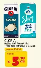 Gloria - Bebida UHT Avena/ Slim Triple Zero Tetrapak