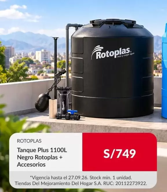 Rotoplas - Tanque Plus 1100L Negro + Accesorios